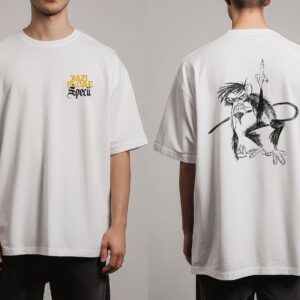 Kazi Ploae x Specii – Tricou oversize “Amenințarea Maimuței” (alb/bej/negru)
