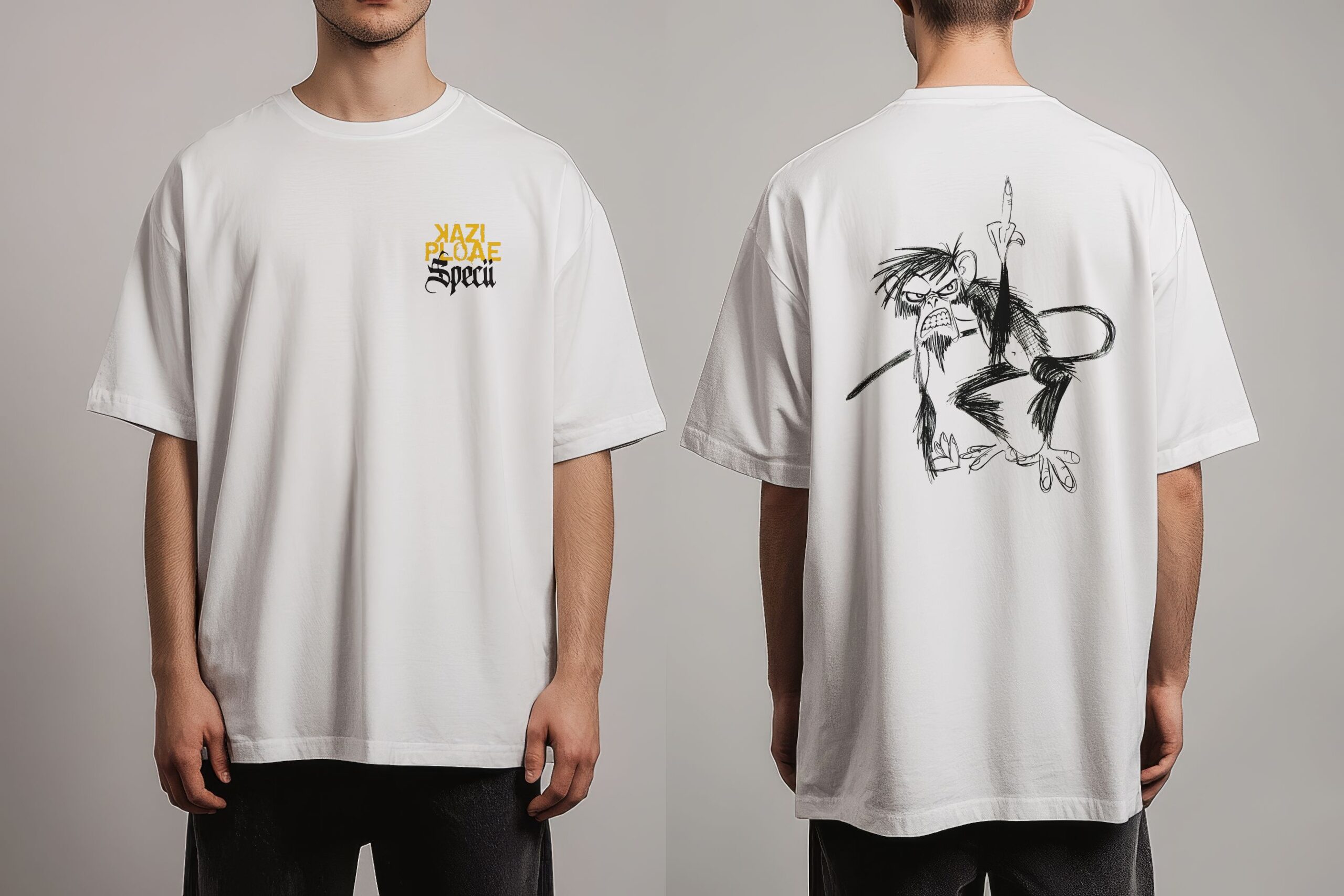 Kazi Ploae x Specii - Tricou oversize "Amenințarea Maimuței" (alb/bej/negru)