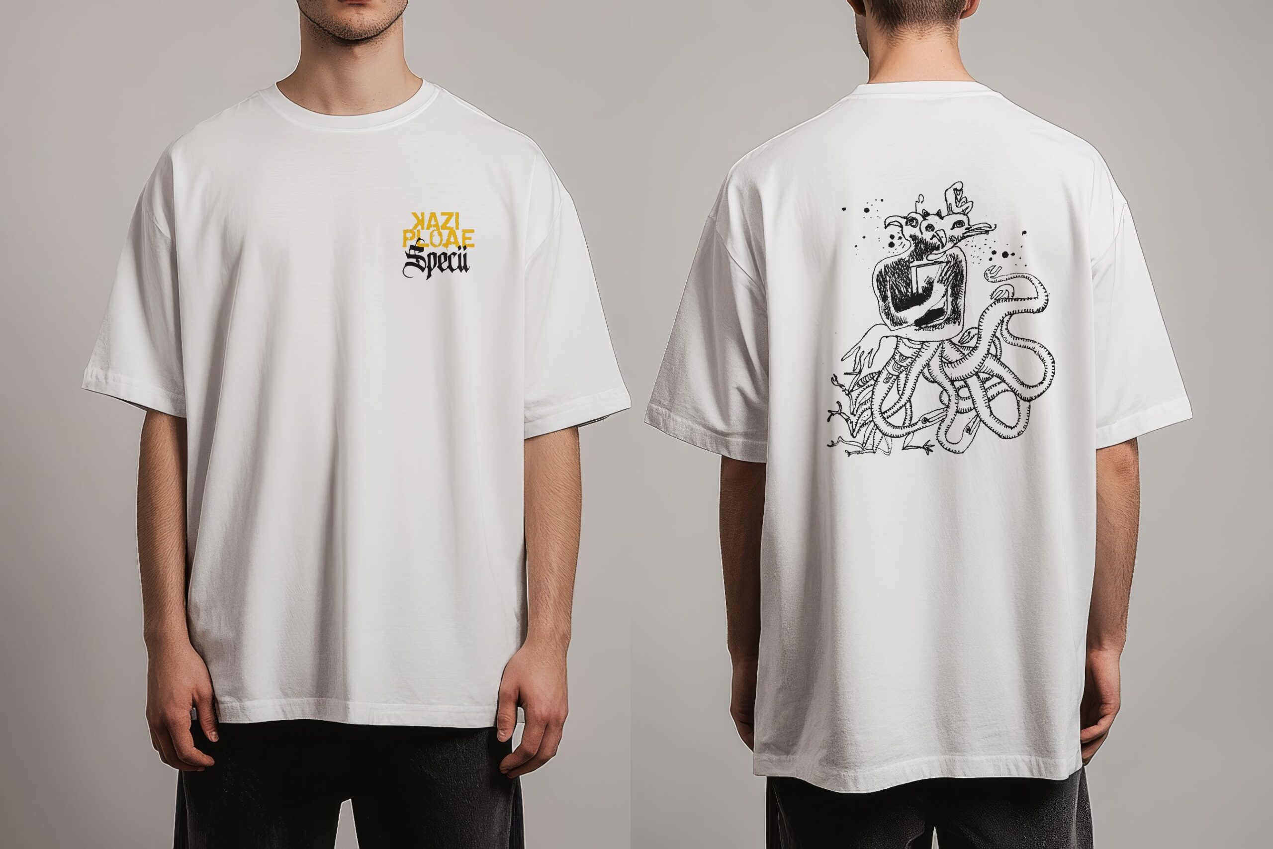 Kazi Ploae x Specii - Tricou oversize "Robo-sapiens" (alb/bej/negru) - imagine 2