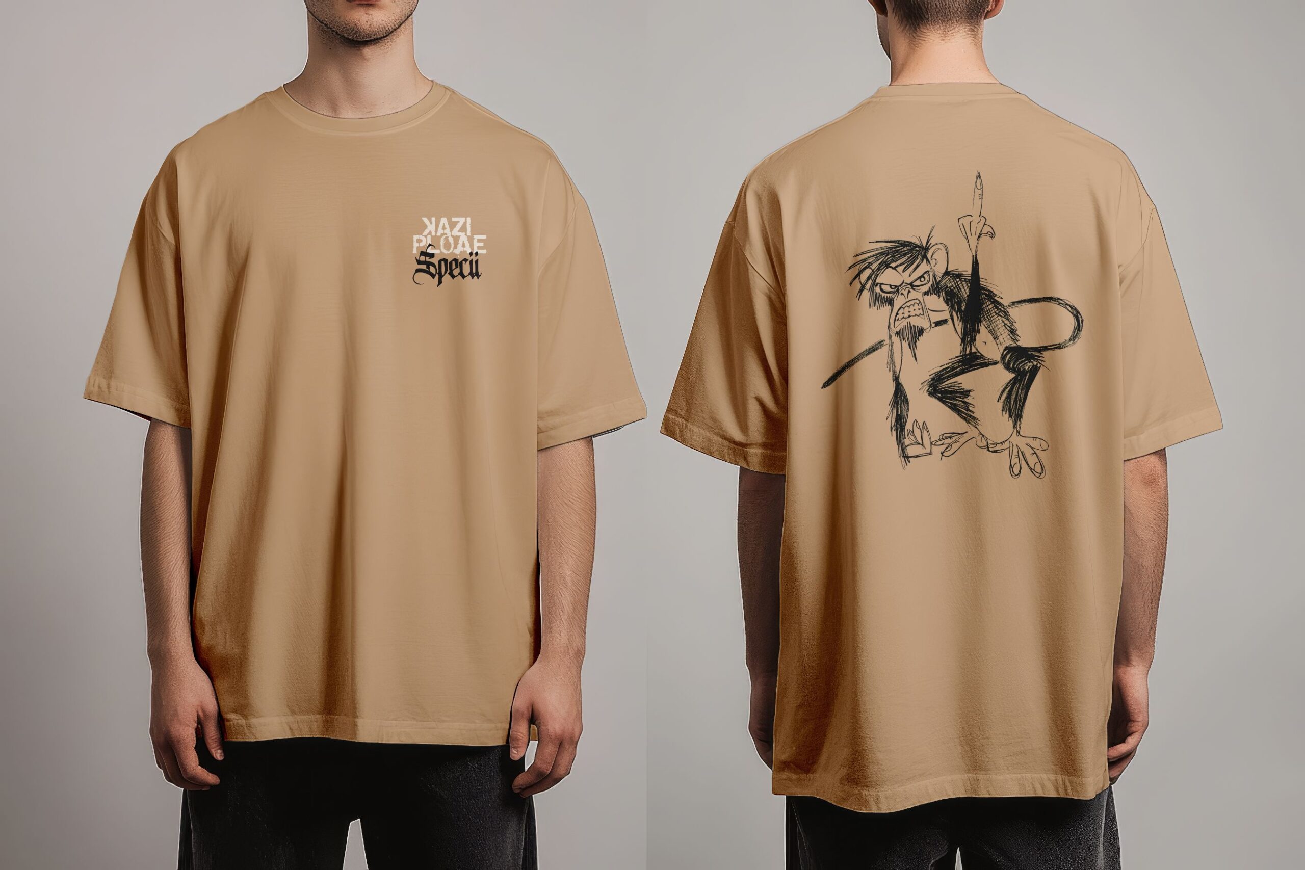 Kazi Ploae x Specii - Tricou oversize "Amenințarea Maimuței" (alb/bej/negru) - imagine 3