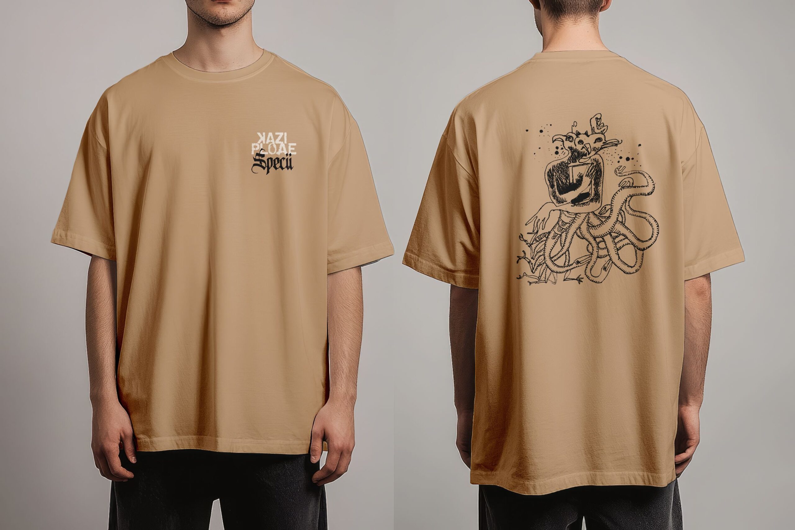 Kazi Ploae x Specii - Tricou oversize "Robo-sapiens" (alb/bej/negru) - imagine 3