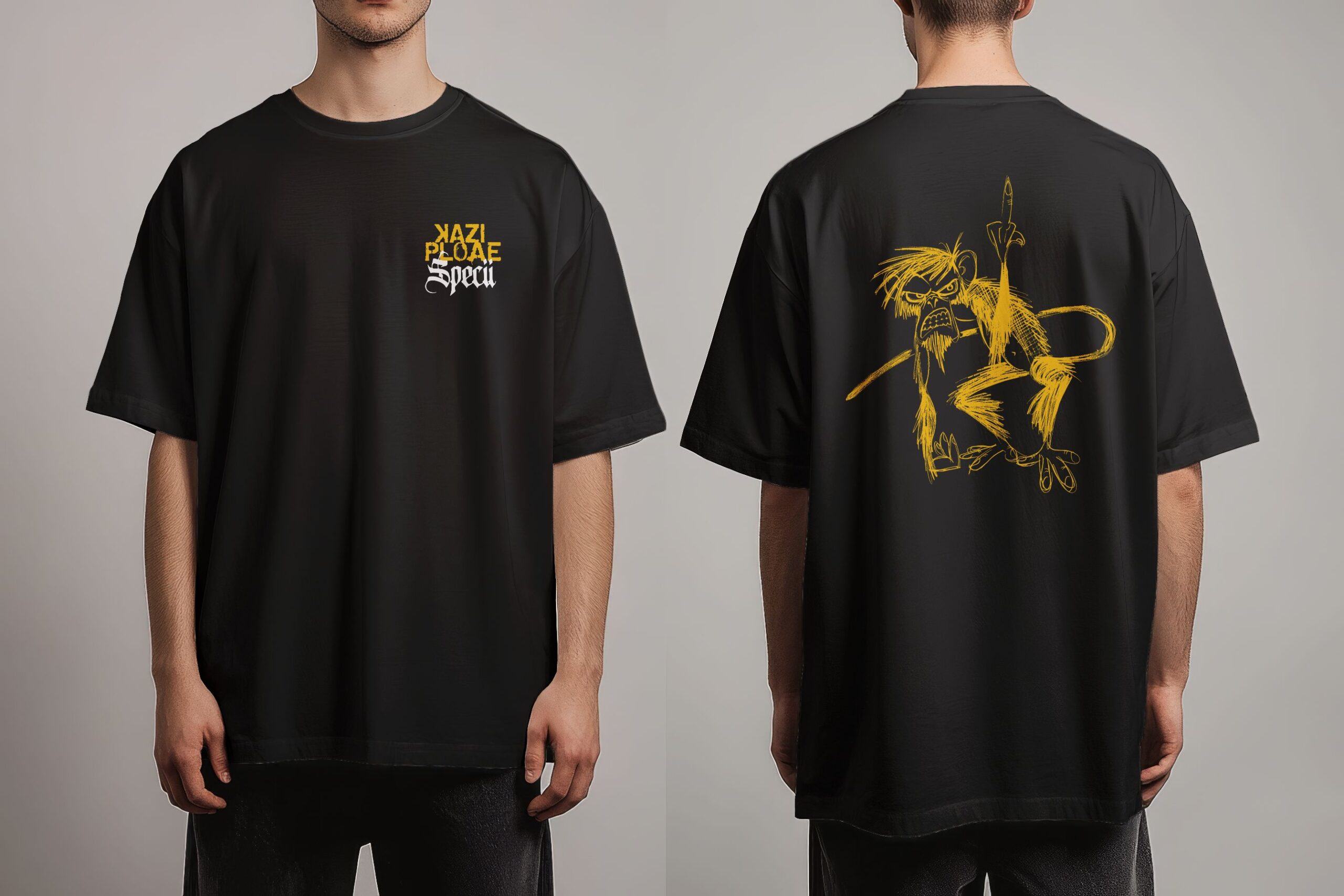 Kazi Ploae x Specii - Tricou oversize "Amenințarea Maimuței" (alb/bej/negru) - imagine 2