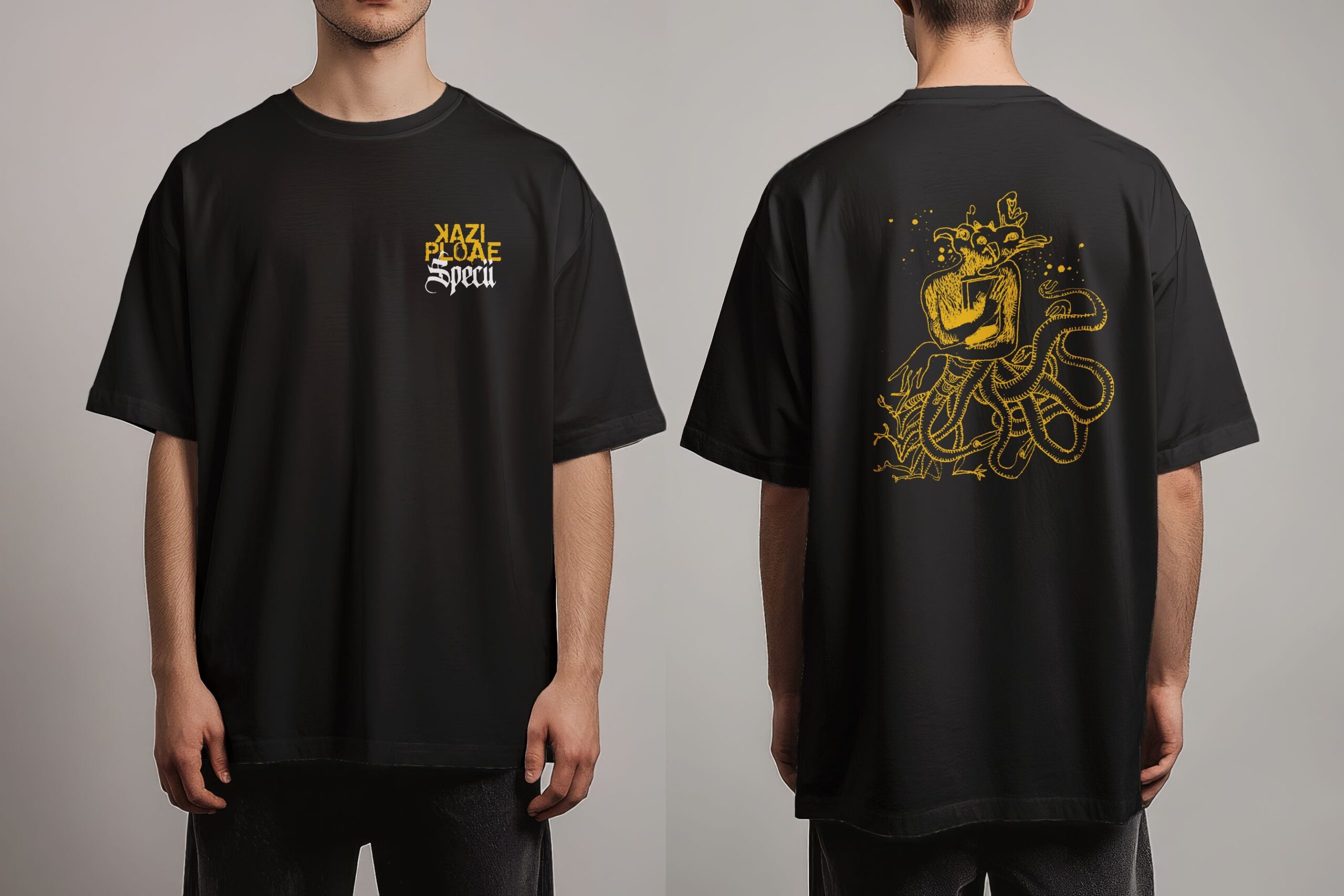 Kazi Ploae x Specii – Tricou oversize “Robo-sapiens” (alb/bej/negru)